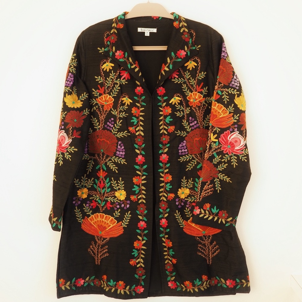 TravelSmith Silk Floral Embroidered Duster Jacket Women’s Size M boho folk rich